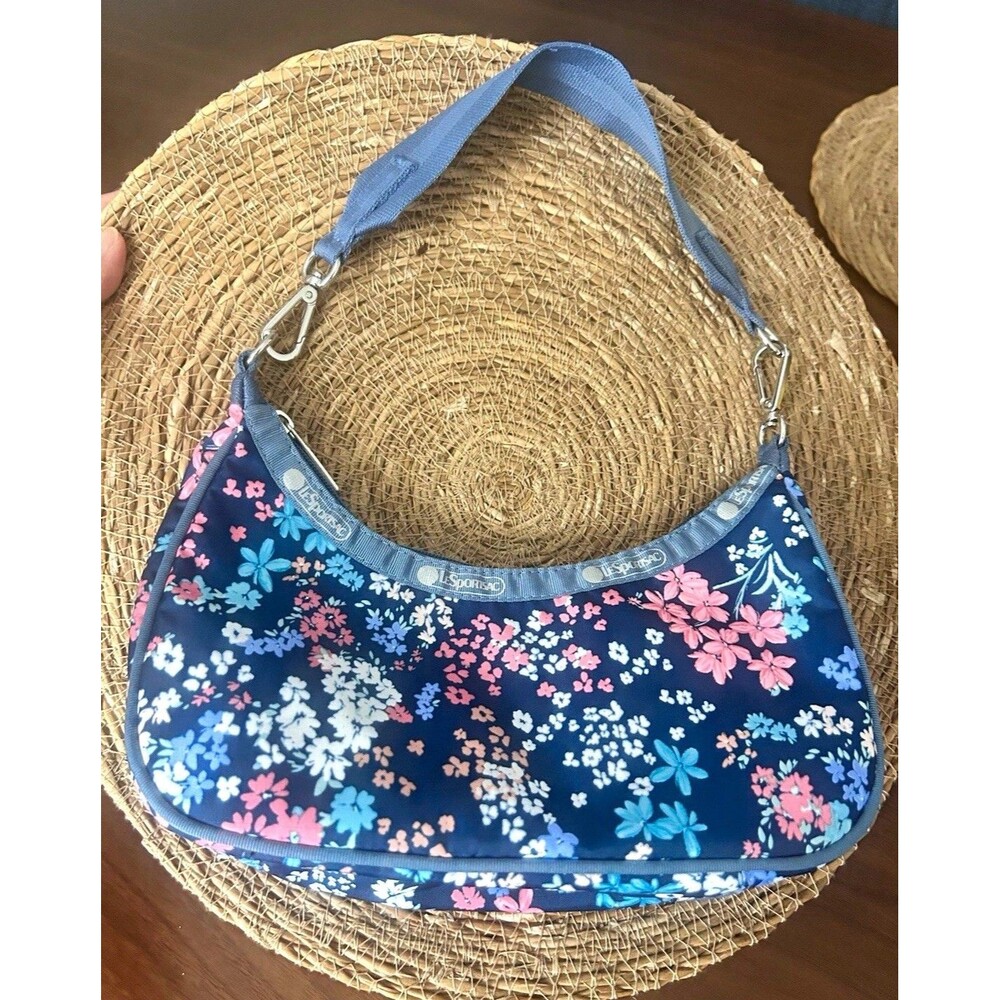 LeSportsac Navy Blue Pink Floral Small Shoulder Bag Zip Top Detachable Strap